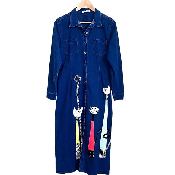Vintage 90s Cat Lady Denim Shirt Dress Size M Blue Jean Embroidered Stretch Fun - Picture 1 of 9